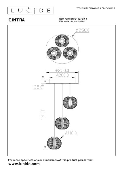 Lucide CINTRA - Suspension - Ø 25 cm - LED Dim. - 3x4,7W 2700K - Transparent - technique